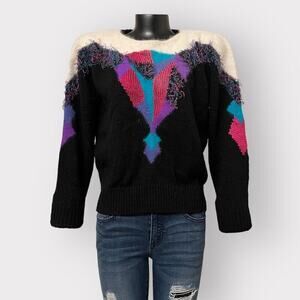 Eugenia Angenie VINTAGE 80s Color Block Sweater Medium Angora Wool Retro Chunky